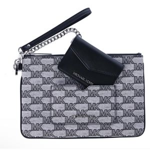 Michael Kors Jet Set Large 2 In 1 Card Case Wristlet Clutch Black Jacquard MK